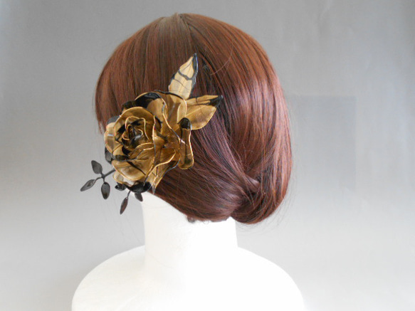 花簪　薔薇・バラ（黒＆金）髪飾り 4枚目の画像