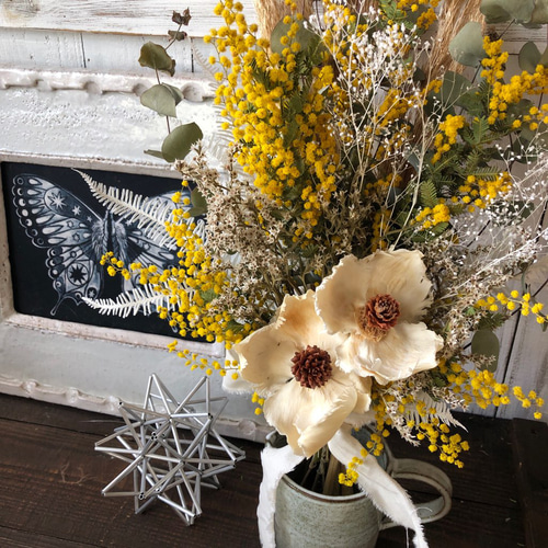 ミモザとパームフラワー、パンパスグラスのスワッグ」ドライフラワー  