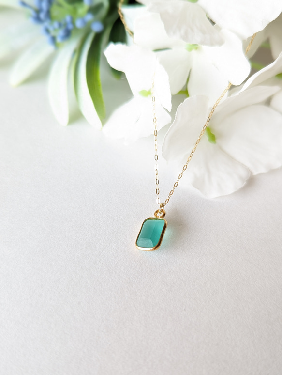 14kgf Mint Green Seaglass rectangle海辺ミントグリーンシーグラスネックレス14K18K 4枚目の画像