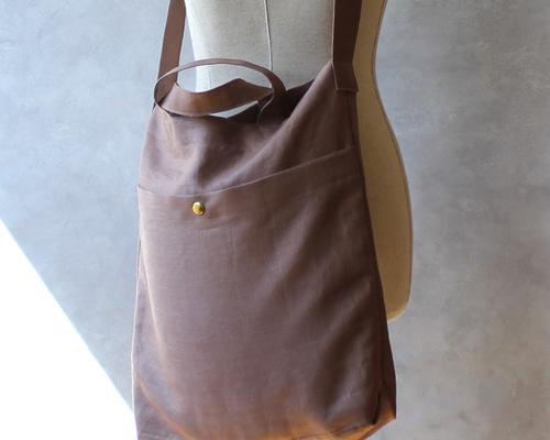 2WAY 縦長トートバッグ【ココアブラウン】リネン100％ ショルダー