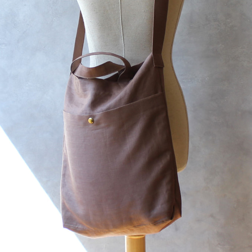 2WAY 縦長トートバッグ【ココアブラウン】リネン100％ ショルダー