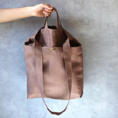 るーさま専用 ココアリネン100%×生成8号帆布 トートバッグ 刺し子 （中） るーさま専用 ココアリネン100%×生成8号帆布 トートバッグ 刺し子 （中