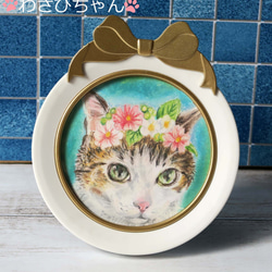 〈受注制作〉リボンフレーム付き猫ちゃんミニ肖像画花飾りをつけた愛猫さんをパステルでお描きします 9枚目の画像