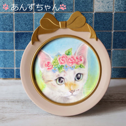 〈受注制作〉リボンフレーム付き猫ちゃんミニ肖像画花飾りをつけた愛猫さんをパステルでお描きします 4枚目の画像