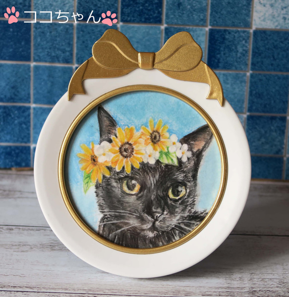 〈受注制作〉リボンフレーム付き猫ちゃんミニ肖像画花飾りをつけた愛猫さんをパステルでお描きします 3枚目の画像