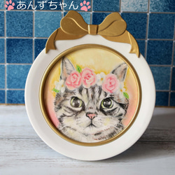 〈受注制作〉リボンフレーム付き猫ちゃんミニ肖像画花飾りをつけた愛猫さんをパステルでお描きします 5枚目の画像