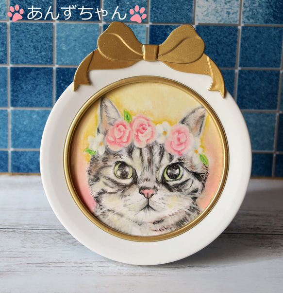 〈受注制作〉リボンフレーム付き猫ちゃんミニ肖像画花飾りをつけた愛猫さんをパステルでお描きします 5枚目の画像
