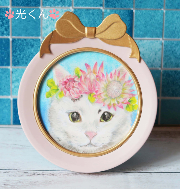 〈受注制作〉リボンフレーム付き猫ちゃんミニ肖像画花飾りをつけた愛猫さんをパステルでお描きします 8枚目の画像