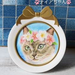 〈受注制作〉リボンフレーム付き猫ちゃんミニ肖像画花飾りをつけた愛猫さんをパステルでお描きします 11枚目の画像