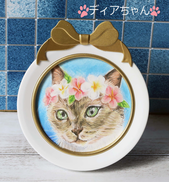 〈受注制作〉リボンフレーム付き猫ちゃんミニ肖像画花飾りをつけた愛猫さんをパステルでお描きします 11枚目の画像