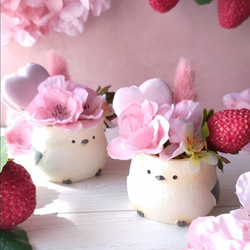 『母の日フラワー2024』 シマエナガのフラワーポット 〜桜咲く ハートマカロンといちごを添えて〜 1枚目の画像