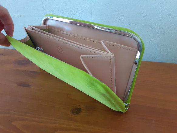 天溝押し口の長財布＊がま口＊鹿革ヌバック＊[アップルグリーン] シワ 色ムラなどもございますが