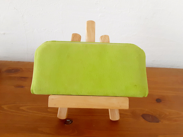 天溝押し口の長財布＊がま口＊鹿革ヌバック＊[アップルグリーン] シワ 色ムラなどもございますが