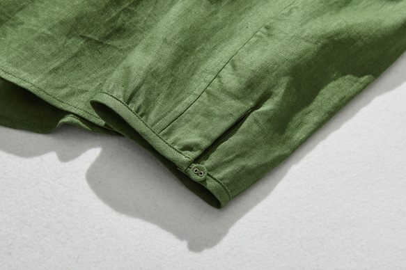 清潔感ある大人のリネンシャツ　リネン100％　長袖　緑色　240316-3 7枚目の画像