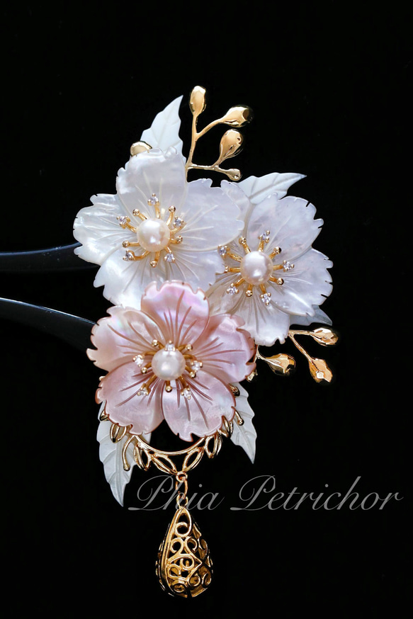 簪 和 K24GP 桜 かんざし バチ型 パール 簪 着物 髪飾り 留袖 着物 成人式 結婚式 卒業式 1枚目の画像