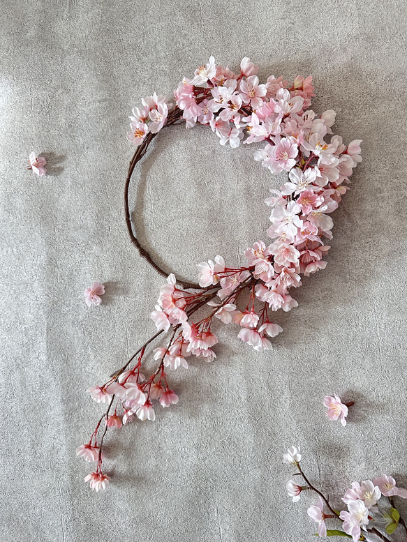 枝垂れ桜 しだれ桜のリース　3/31まで限定販売♪ 造花　桜リース　玄関 3枚目の画像