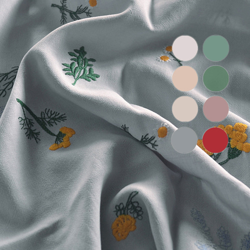 8色 リネン混刺繍生地 刺繍花柄 春夏の綿麻生地 [7068] 生地