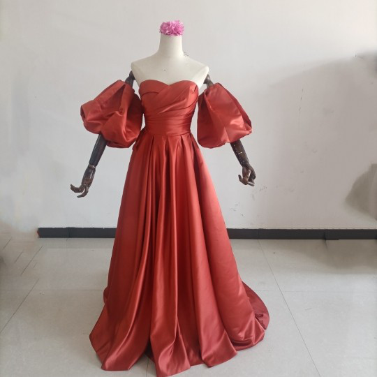 送料無料！人気上昇！パーティードレス テラコッタ色 ベアトップ 華やかなトレーン中にミディドレス含　/結婚式