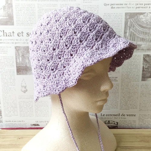 クロシェハット 手編み 紐付き コットン 春夏 バケットハット クロシェ