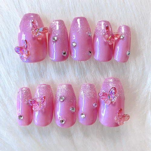 No.75 バタフライ×マグネットグラデ ネイルチップ ピンク 韓国 ギャル  