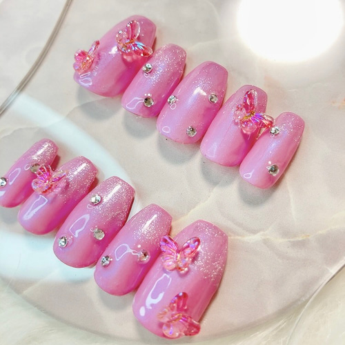No.75 バタフライ×マグネットグラデ ネイルチップ ピンク 韓国 ギャル  