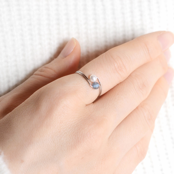 海藍寶石和貝殼珍珠 3ways 戒指手術不鏽鋼生日禮物生日石 第9張的照片