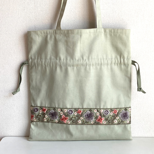 インド刺繍リボン巾着トートバッグ♪ポケット付き♪ショルダー