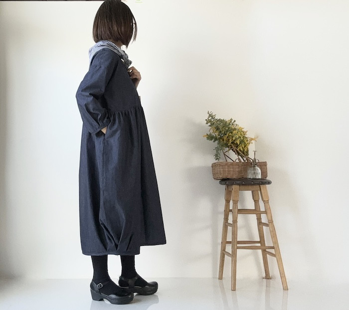 インディゴ*藍色ライトozデニム//雰囲気のあるコクーンワンピース
