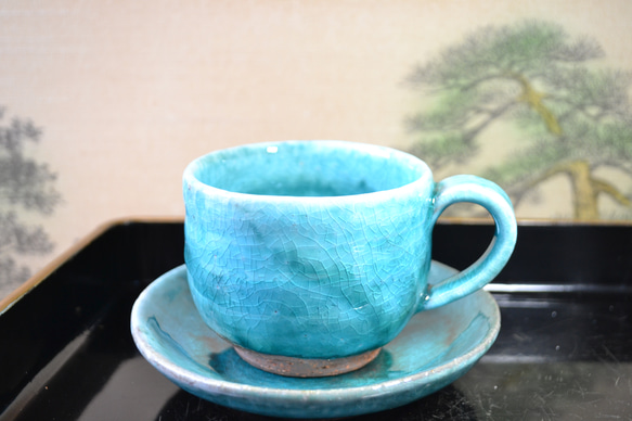【新着！】コーヒーカップ＆ソーサー(ターコイズブルー)　ギフト ★萩焼き 14枚目の画像