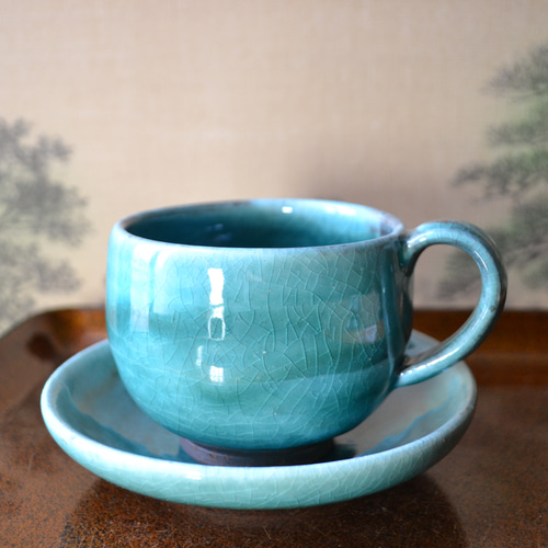 再入荷！】コーヒーカップ＆ソーサー(ターコイズ) ギフト ☆萩焼き