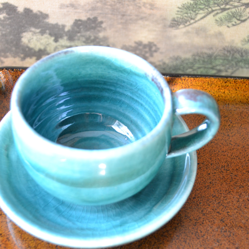 再入荷！】コーヒーカップ＆ソーサー(ターコイズ) ギフト ☆萩焼き