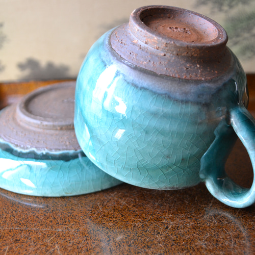 再入荷！】コーヒーカップ＆ソーサー(ターコイズ) ギフト ☆萩焼き