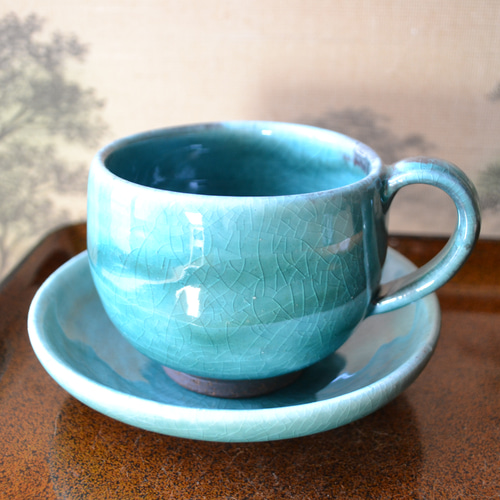 再入荷！】コーヒーカップ＆ソーサー(ターコイズ) ギフト ☆萩焼き