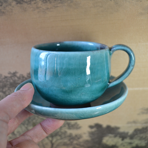 再入荷！】コーヒーカップ＆ソーサー(ターコイズ) ギフト ☆萩焼き