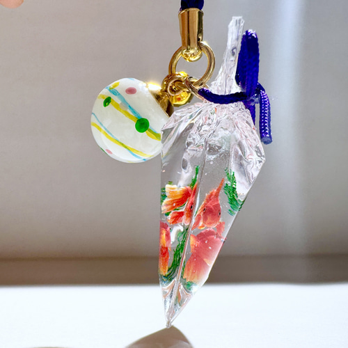 縁日の金魚袋 大（琉金紅白 琉金赤） 根付 帯飾り キーホルダー