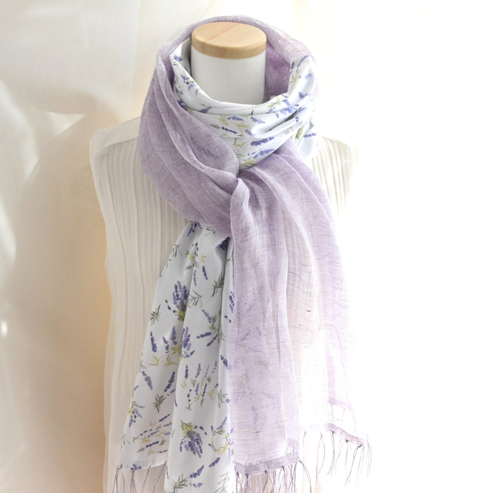 春もの超早割✨ラベンダー柄×バイオレット バイカラー 春夏 ストール 《リネン×コットン》✨特集掲載作品
