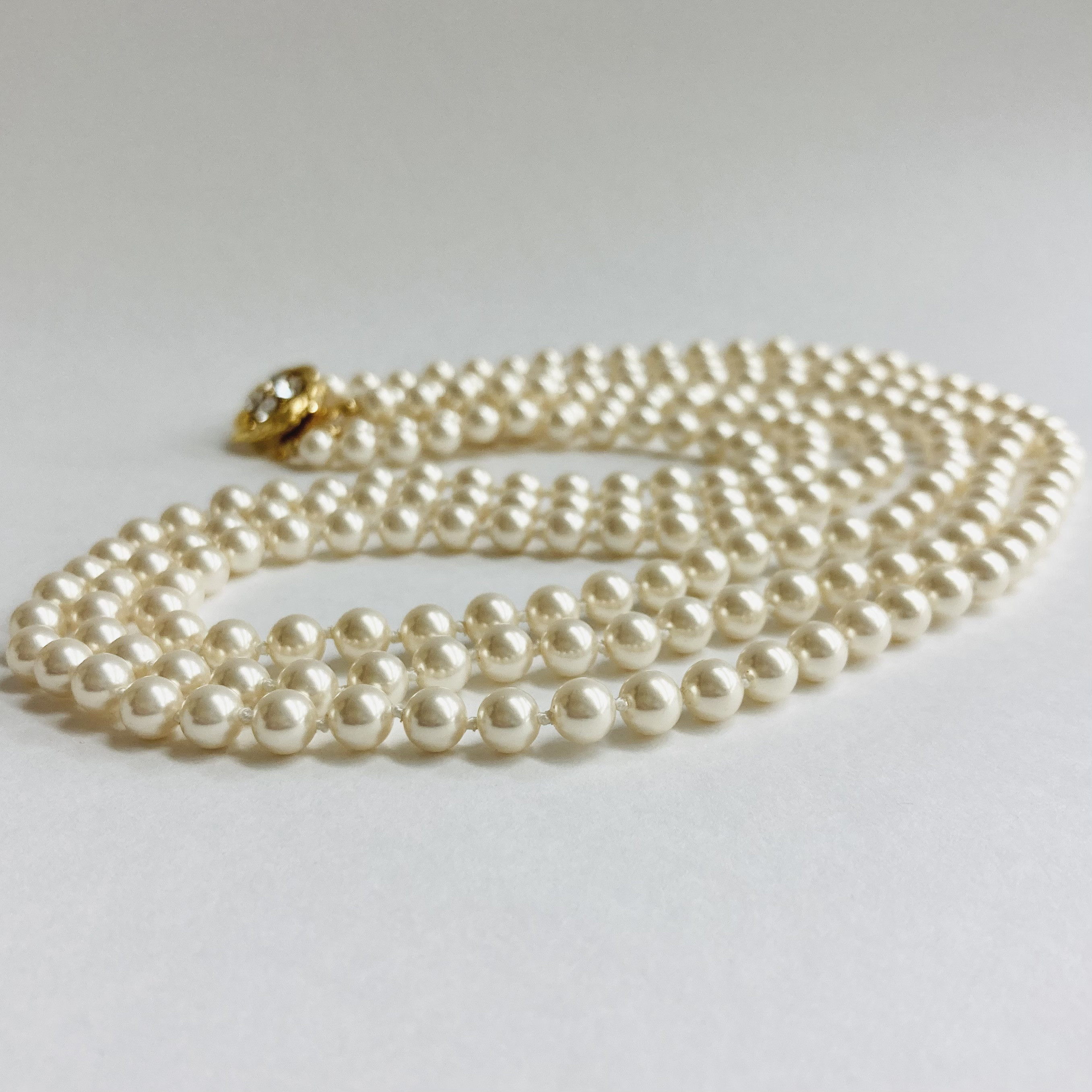 貝パール3連オールノットマチネーネックレス/6mm約54/57/60cm/ホワイトベージュ/G/日本製