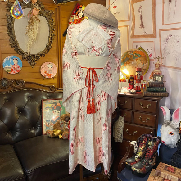 着物 洗える 化繊 ワンピース ドレス ハンドメイド リメイク 帯サッシュベルト KW-308 4枚目の画像