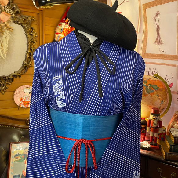単衣着物 洗える 化繊 ワンピース ドレス ハンドメイド リメイク 帯サッシュベルト  KW-310 2枚目の画像