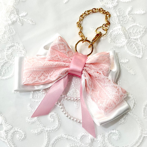 ハンドメイド★キッズリボン★ピンク★大きめ★レースと揺れるチャーム付き ピンク×レース リボンのバッグチャーム rb-6 その他アクセサリー RE