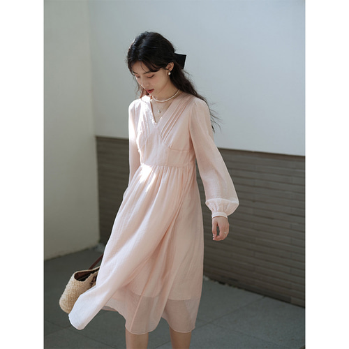SOOR PLOOM ピンク 長袖　ワンピース 2-3Y ピンクワンピース Vネック長袖ワンピース やさしくたれ感あり