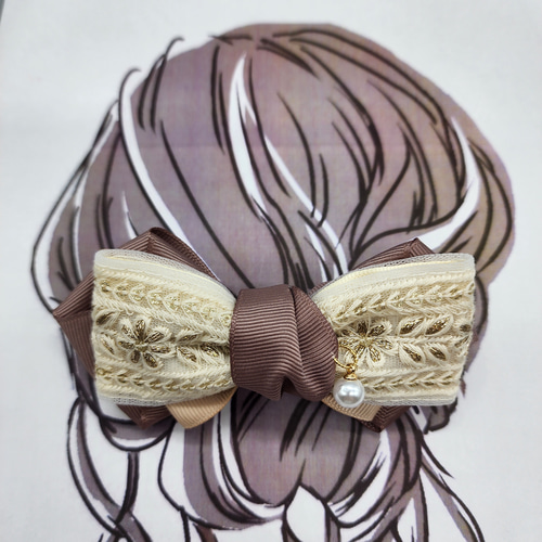 043]インド刺繍リボンバレッタ（茶色系）、38mmグログランリボン 
