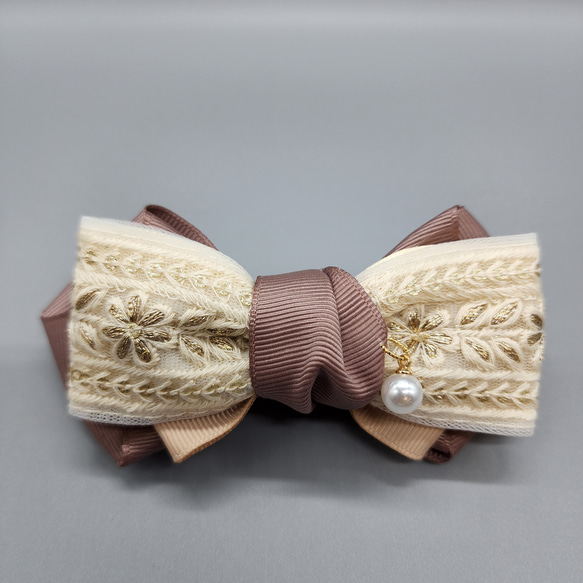 043]インド刺繍リボンバレッタ（茶色系）、38mmグログランリボン 