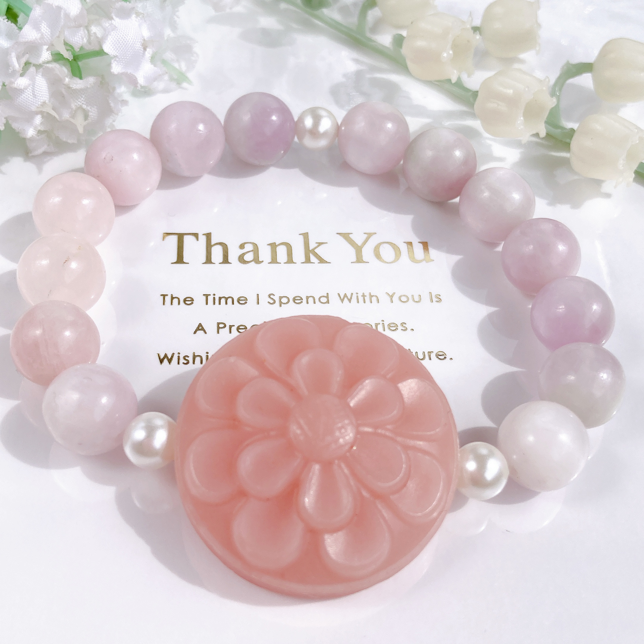 ˚✧₊⁎一点のみ˚✧₊⁎ 大粒ピンクオパールお花ちゃんクンツァイト天然石ブレスレット