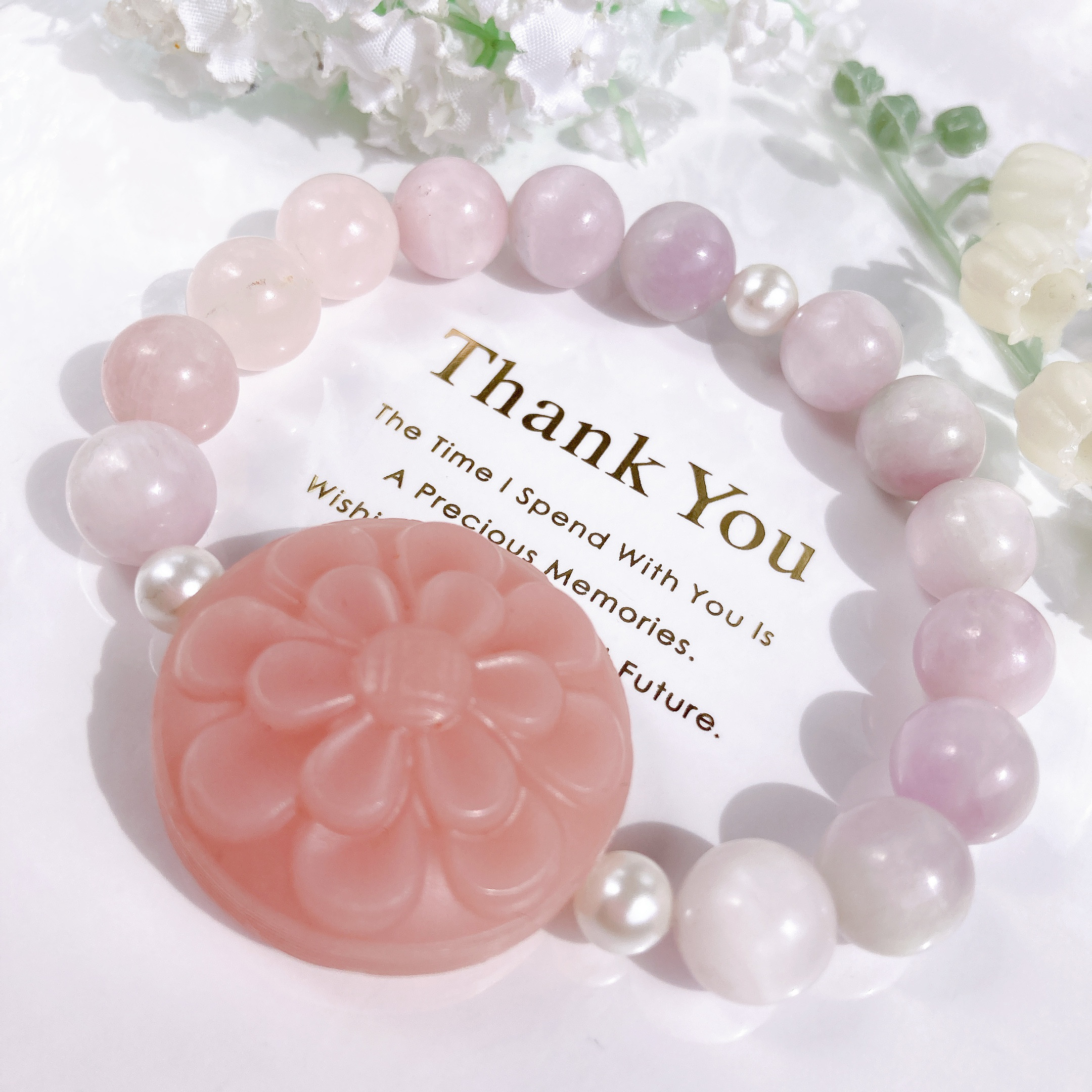 ˚✧₊⁎一点のみ˚✧₊⁎ 大粒ピンクオパールお花ちゃんクンツァイト天然石ブレスレット