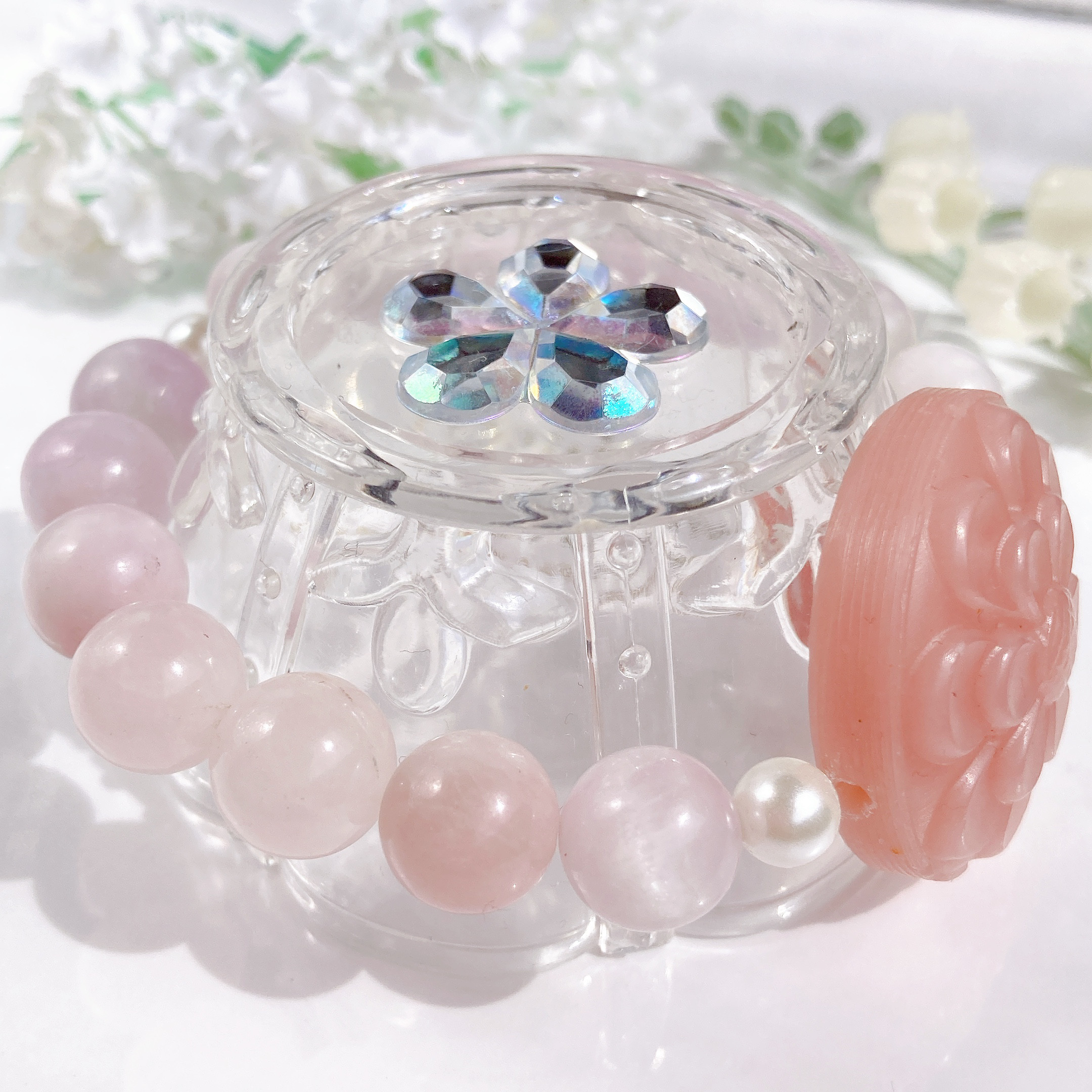 ˚✧₊⁎一点のみ˚✧₊⁎ 大粒ピンクオパールお花ちゃんクンツァイト天然石ブレスレット