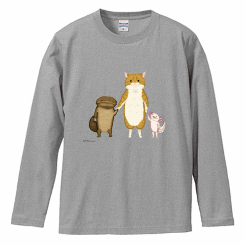 長袖Tシャツ オオサンショウウオとウーパールーパーと俺茶トラ猫 T