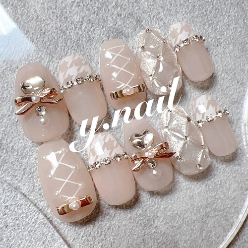 ネイルチップ/バレエコア/千鳥格子ネイル/リボンネイル/キルティング  