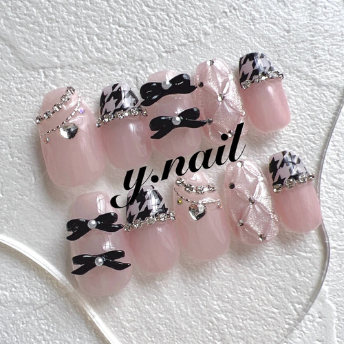 ネイルチップ/バレエコア/千鳥格子/リボン/キルティングネイル