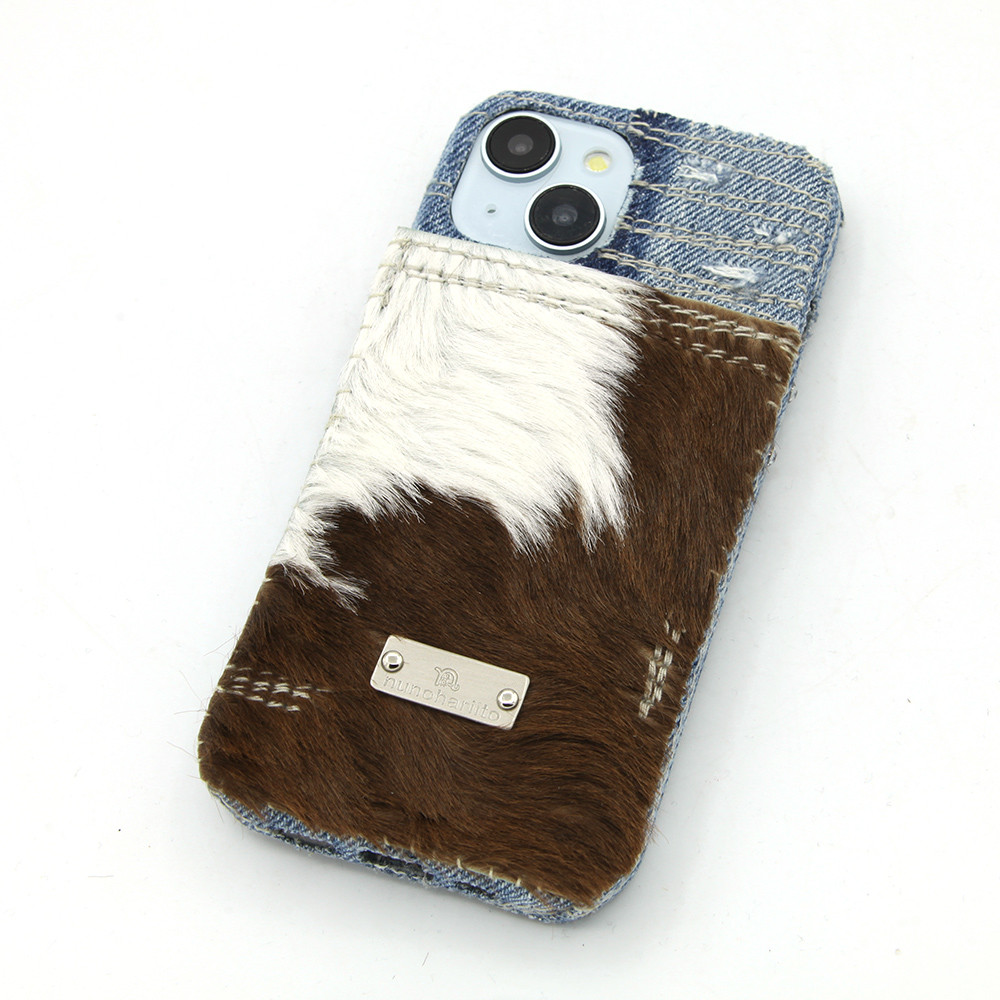 茶色の仔牛柄デニムケース - iPhone15ProMAX,14Pro,13,SE,Experia,AQUOSほか